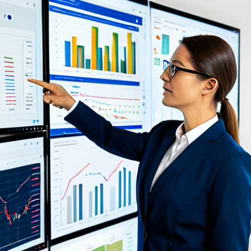 A professional digital marketing expert, fully clothed in a modest business suit, stands in a sleek, modern office. Multiple large monitors display intricate data visualizations, social media analytics, and AI-generated content dashboards. The expert is pointing thoughtfully at a screen, engaged in strategic analysis, reflecting deep understanding of current trends. This setting conveys innovation and data-driven decision-making. Safe for work, appropriate content, fully clothed, professional, perfect anatomy, correct proportions, natural pose, well-formed hands, proper finger count, natural body proportions, professional photography, high quality, studio lighting.