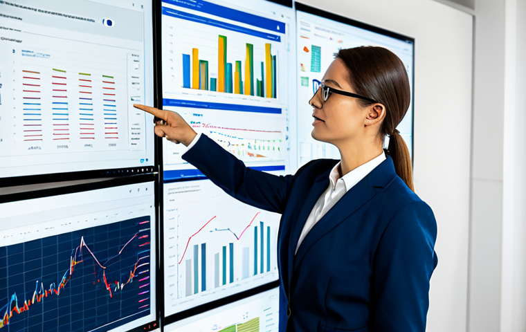 A professional digital marketing expert, fully clothed in a modest business suit, stands in a sleek, modern office. Multiple large monitors display intricate data visualizations, social media analytics, and AI-generated content dashboards. The expert is pointing thoughtfully at a screen, engaged in strategic analysis, reflecting deep understanding of current trends. This setting conveys innovation and data-driven decision-making. Safe for work, appropriate content, fully clothed, professional, perfect anatomy, correct proportions, natural pose, well-formed hands, proper finger count, natural body proportions, professional photography, high quality, studio lighting.