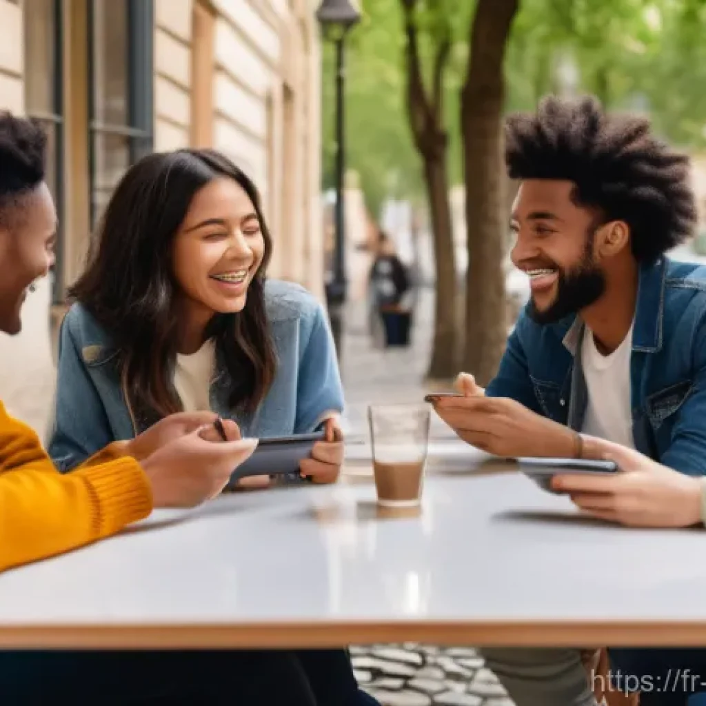 소셜미디어 플랫폼별 마케팅 전략 - **Prompt:** A diverse group of young adults, dressed in casual yet stylish attire, are gathered arou...