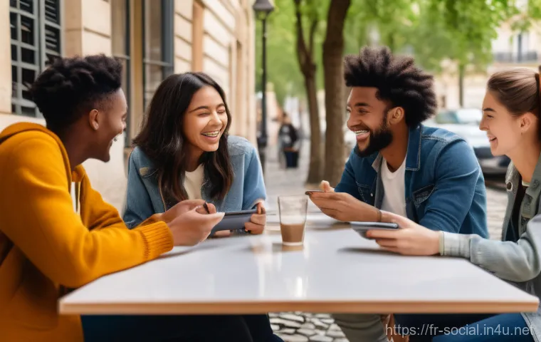 소셜미디어 플랫폼별 마케팅 전략 - **Prompt:** A diverse group of young adults, dressed in casual yet stylish attire, are gathered arou...