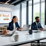 소셜미디어 인플루언서 협업 가이드 - A professional marketing team in a modern Parisian office, analyzing demographic data and social med...