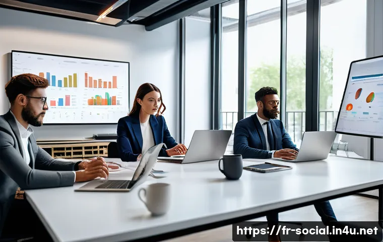 소셜미디어 인플루언서 협업 가이드 - A professional marketing team in a modern Parisian office, analyzing demographic data and social med...