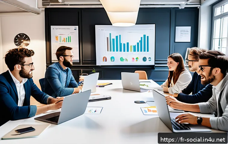 소셜미디어마케팅 부서의 역할 - A vibrant social media marketing team in a modern Parisian office, collaborating enthusiastically ar...