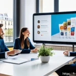 소셜미디어마케팅 면접 질문과 답변 - A modern social media marketing office scene featuring a diverse French marketing team collaborating...