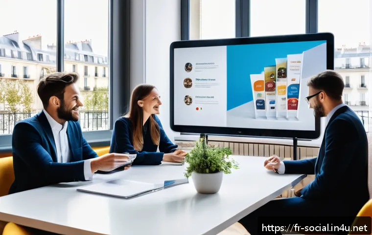 소셜미디어마케팅 면접 질문과 답변 - A modern social media marketing office scene featuring a diverse French marketing team collaborating...