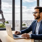 소셜미디어마케터의 커뮤니케이션 스킬 - A vibrant social media manager in a modern Parisian coworking space, engaging warmly with diverse co...