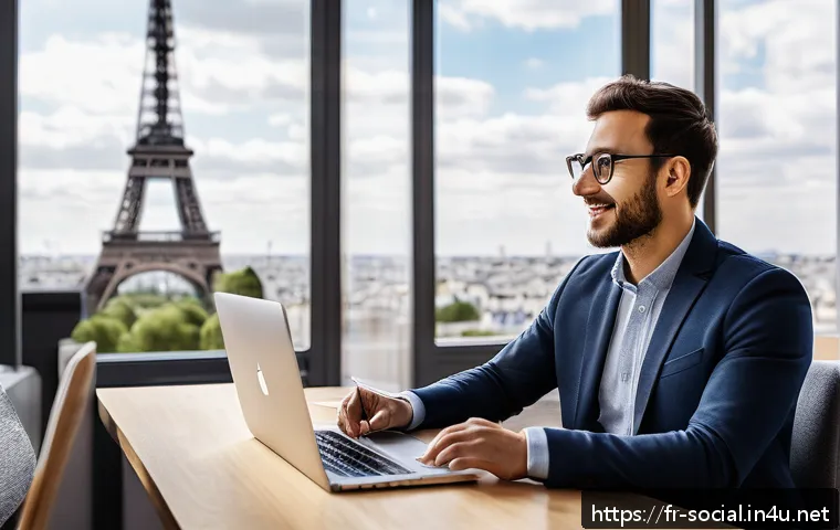 소셜미디어마케터의 커뮤니케이션 스킬 - A vibrant social media manager in a modern Parisian coworking space, engaging warmly with diverse co...