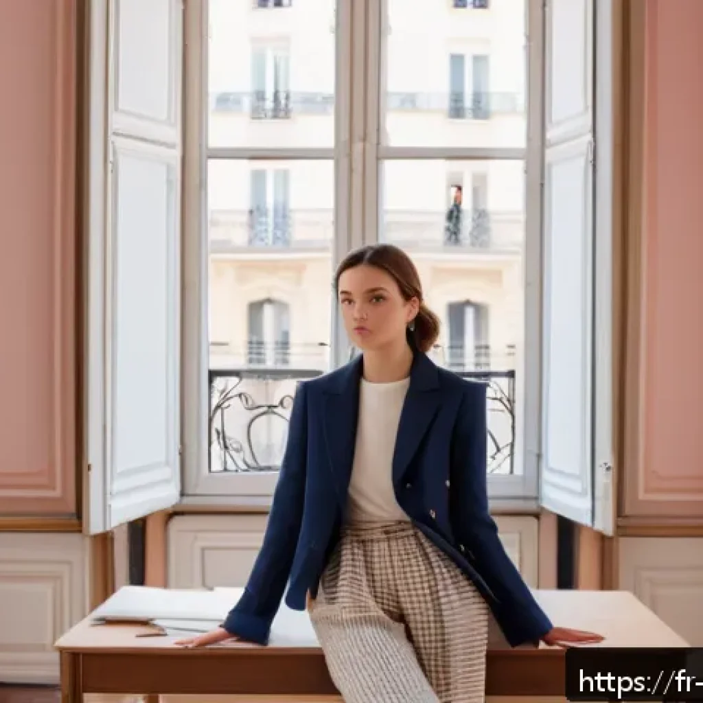 핀터레스트 마케팅 사례 - A stylish French fashion lookbook scene featuring a young adult woman wearing elegant, modern clothi...