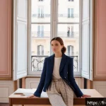 핀터레스트 마케팅 사례 - A stylish French fashion lookbook scene featuring a young adult woman wearing elegant, modern clothi...