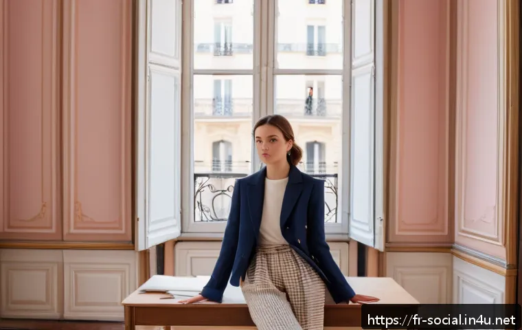 핀터레스트 마케팅 사례 - A stylish French fashion lookbook scene featuring a young adult woman wearing elegant, modern clothi...