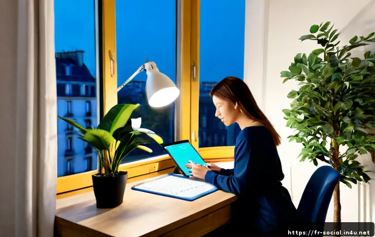 Home 12 소셜미디어마케터의 직무 스트레스 관리 - Photorealistic French social media marketer in a bright Paris coworking office, calmly practicing a ...